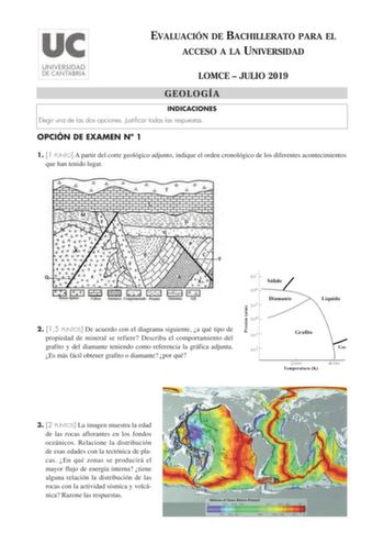 EVALUACIÓN DE BACHILLERATO PARA EL ACCESO A LA UNIVERSIDAD LOMCE  JULIO 2019 GEOLOGÍA INDICACIONES Elegir una de las dos opciones Justificar todas las respuestas OPCIÓN DE EXAMEN N 1 1 1 PUNTO A partir del corte geológico adjunto indique el orden cronológico de los diferentes acontecimientos que han tenido lugar 2 15 PUNTOS De acuerdo con el diagrama siguiente a qué tipo de propiedad de mineral se refiere Describa el comportamiento del grafito y del diamante teniendo como referencia la gráfica …