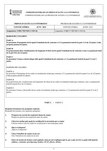 Examen de Coro y Técnica Vocal (PAU de 2024)