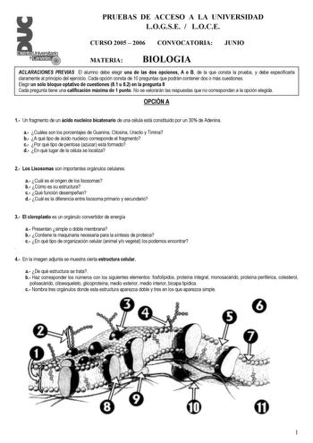 PRUEBAS DE ACCESO A LA UNIVERSIDAD LOGSE  LOCE CURSO 2005  2006 CONVOCATORIA JUNIO MATERIA BIOLOGIA ACLARACIONES PREVIAS El alumno debe elegir una de las dos opciones A o B de la que consta la prueba y debe especificarla claramente al principio del ejercicio Cada opción consta de 10 preguntas que podrán contener dos o más cuestiones Elegir un sólo bloque optativo de cuestiones 81 u 82 en la pregunta 8 Cada pregunta tiene una calificación máxima de 1 punto No se valorarán las respuestas que no c…