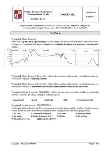 Pruebas de Acceso los Estudios Universitarios de Grado Castilla y León GEOGRAFÍA EJERCICIO N páginas 2 Se presentan DOS propuestas de prueba con idéntica estructura Opción A y Opción B El alumno deberá escoger UNA de ellas y RESPONDER SÓLO A LA ELEGIDA OPCIÓN A Pregunta 1 Hasta 2 puntos PRÁCTICA A partir de la siguiente figura corte OesteEste de la Península Ibérica entre el Cabo de Finisterre y la ciudad de Barcelona comente las unidades de relieve que aparecen representadas en ella Q 1400 120…