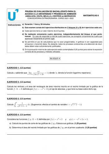 Examen de Matemáticas II (PEvAU de 2022)