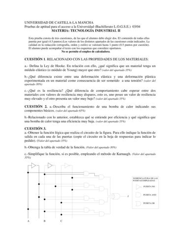 UNIVERSIDAD DE CASTILLALA MANCHA Pruebas de aptitud para el acceso a la Universidad Bachillerato LOGSE 0304 MATERIA TECNOLOGÍA INDUSTRIAL II Esta prueba consta de tres cuestiones de las que el alumno debe elegir dos El contenido de todas ellas puntúa por igual 45 puntosLos valores de los distintos apartados de las cuestiones están indicados La calidad en la redacción ortografía orden y estilo se valorará hasta 1 punto 05 puntos por cuestión El alumno puede acompañar el texto con los esquemas qu…