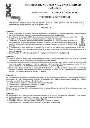 PRUEBAS DE ACCESO A LA UNIVERSIDAD LOGSE CURSO 20062007 CONVOCATORIA JUNIO TECNOLOGÍA INDUSTRIAL II Los alumnos deberán elegir una de las dos opciones Cada ejercicio vale 25 puntos Las preguntas del primer ejercicio son de respuesta corta Opción A Ejercicio 1 i Dibuje el ciclo ideal de un motor Diesel de cuatro tiempos diagrama PV Indique los procesos termodinámicos que tienen lugar y diga si en los mismos se cede o absorbe energía 05 puntos ii El coeficiente de operación COP de una máquina fri…