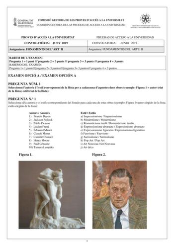 Examen de Fundamentos del Arte (PAU de 2019)