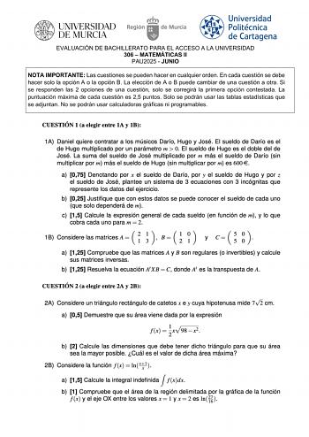Examen de Matemáticas II (EBAU de 2025)