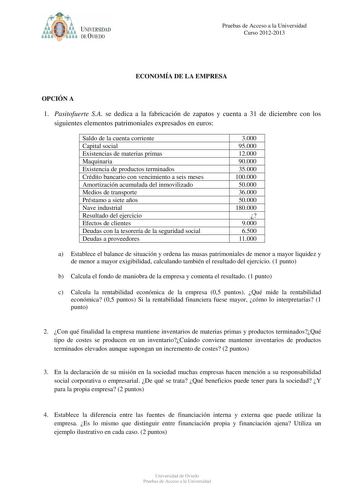 a    UNIVERSIDAD DE VlEDO Pruebas de Acceso a la Universidad Curso 20122013 ECONOMÍA DE LA EMPRESA OPCIÓN A 1 Pasitofuerte SA se dedica a la fabricación de zapatos y cuenta a 31 de diciembre con los siguientes elementos patrimoniales expresados en euros Saldo de la cuenta corriente Capital social Existencias de materias primas Maquinaria Existencia de productos terminados Crédito bancario con vencimiento a seis meses Amortización acumulada del inmovilizado Medios de transporte Préstamo a siete …