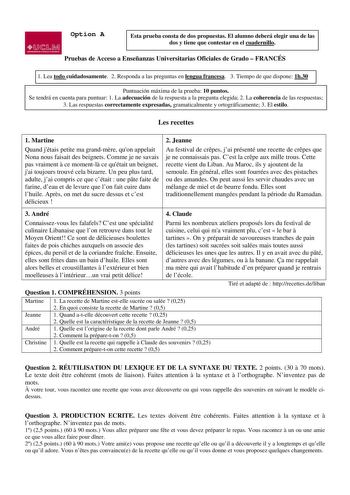 fj011M IIDDPlnu LAMAIIUtA Option A Esta prueba consta de dos propuestas El alumno deberá elegir una de las dos y tiene que contestar en el cuadernillo Pruebas de Acceso a Enseñanzas Universitarias Oficiales de Grado  FRANCÉS 1 Lea todo cuidadosamente 2 Responda a las preguntas en lengua francesa 3 Tiempo de que dispone 1h30 Puntuación máxima de la prueba 10 puntos Se tendrá en cuenta para puntuar 1 La adecuación de la respuesta a la pregunta elegida 2 La coherencia de las respuestas 3 Las respu…