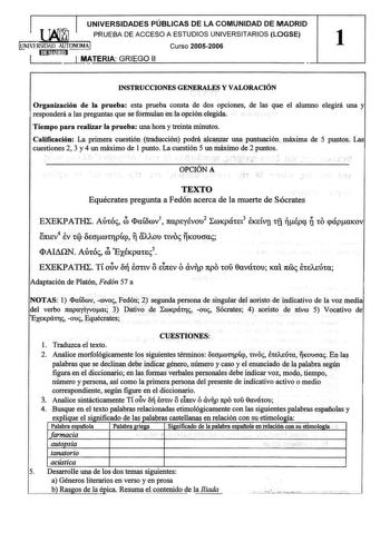 UNIVERSIDADES PÚBLICAS DE LA COMUNIDAD DE MADRID PRUEBA DE ACCESO A ESTUDIOS UNIVERSITARIOS LOGSE UN IVFRSID AD AUTONOMA1 Curso 20052006 1 illlttffi11lil IMTERIA GRIEGO 11 INSTRUCCIONES GENERALES Y VALORACIÓN Organización de la prueba esta prueba consta de dos opciones de las que el alumno elegirá una y responderá a las preguntas que se formulan en la opción elegida Tiempo para realizar la prueba una hora y treinta minutos Calificación La primera cuestión traducción podrá alcanzar una puntuació…