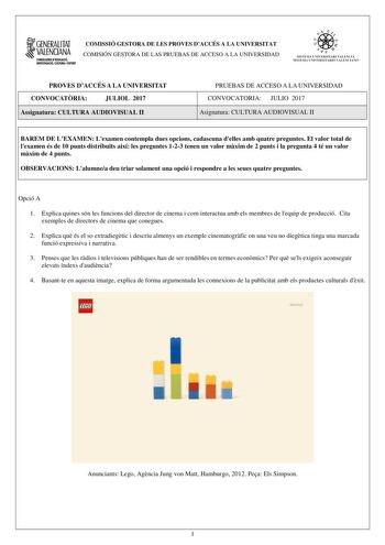 Examen de Cultura audiovisual (PAU de 2017)