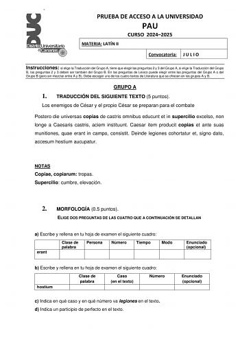Examen de Latín II (EBAU de 2025)