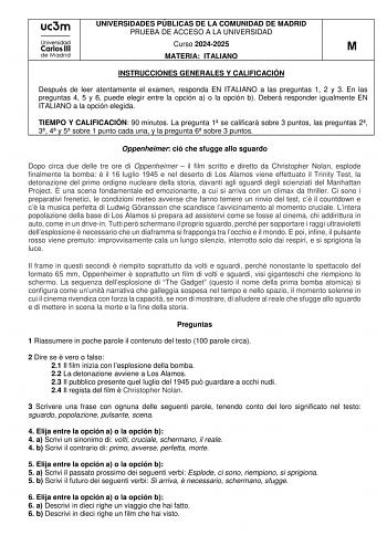 Examen de Italiano (EvAU de 2025)