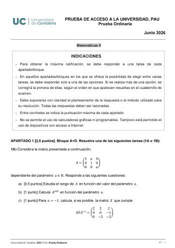 Matemáticas II – EBAU Cantabria (2026)