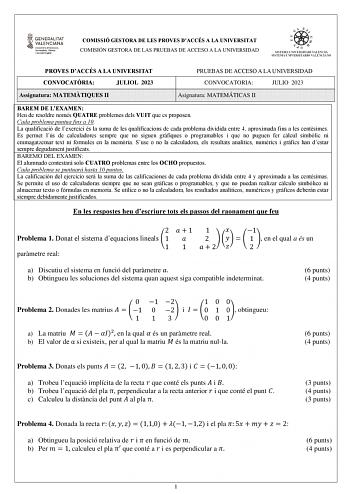 COMISSIÓ GESTORA DE LES PROVES DACCÉS A LA UNIVERSITAT COMISIÓN GESTORA DE LAS PRUEBAS DE ACCESO A LA UNIVERSIDAD PROVES DACCÉS A LA UNIVERSITAT CONVOCATRIA JULIOL 2023 Assignatura MATEMTIQUES II PRUEBAS DE ACCESO A LA UNIVERSIDAD CONVOCATORIA JULIO 2023 Asignatura MATEMÁTICAS II BAREM DE LEXAMEN Heu de resoldre nomes QUATRE problemes dels VUIT que es proposen Cada problema puntua fins a 10 La qualificació de lexercici es la suma de les qualificacions de cada problema dividida entre 4 aproximad…