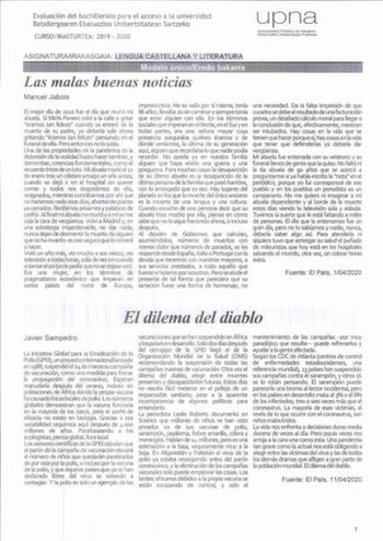 Examen de Lengua Castellana y Literatura (EvAU de 2020)