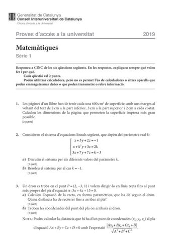 Examen de Matemáticas II (PAU de 2019)