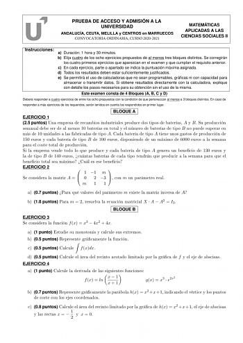 Examen de Matemáticas Aplicadas a las Ciencias Sociales (PEvAU de 2021)
