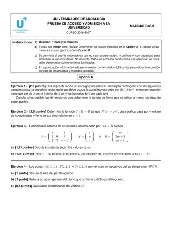 Examen de Matemáticas II (PEvAU de 2017)