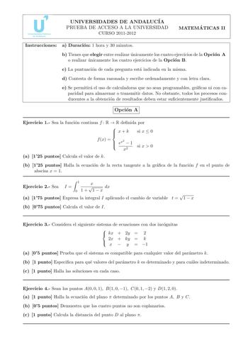 Examen de Matemáticas II (PAU de 2012)