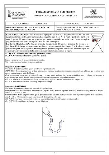 Examen de Dibujo Técnico Aplicado a las Artes Plásticas y al Diseño II (PAU de 2025)