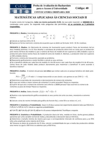 Examen de Matemáticas Aplicadas a las Ciencias Sociales (ABAU de 2020)