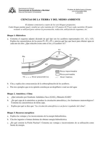 UNIVERSIDAD DE OVIEDO Vicerrectorado de Estudiantes y Movilidad Área de Orientación Universitaria Pruebas de Aptitud para el Acceso a la Universidad 2002 LOGSE CIENCIAS DE LA TIERRA Y DEL MEDIO AMBIENTE El alumno contestará a cuatro de los seis bloques propuestos Cada bloque puntúa igual y tendrá un valor máximo de 225 puntos 075 por cada cuestión El punto restante se utilizará para valorar la presentación redacción utilización de esquemas etc Bloque 1 Hidrósfera a Comenta el esquema adjunto di…