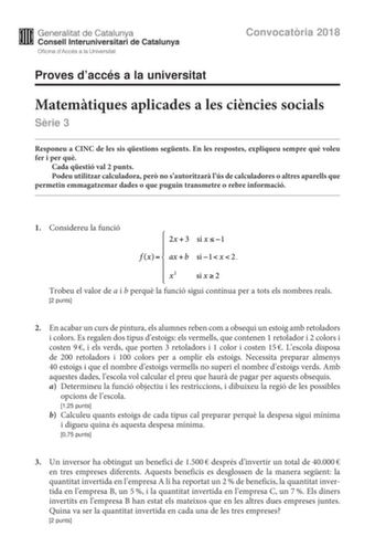 Examen de Matemáticas Aplicadas a las Ciencias Sociales (PAU de 2018)