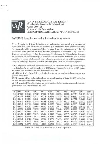 t f UNIVERSIDAD DE LA RIOJA Pruebas de Acceso a la Universidad Curso 2007 08 Convocatoria Septiembre ASIGNATURA MATEMÁTICAS APLICADAS ce SS PARTE C Resuelve uno de los dos problemas siguientes Cl A partir de 1 tipos de frutas uva melocotón y manzana una empresa va a producir dos tipos de zumos el saludable y el energético Para producir un litro de zumo saludable se necesitan 2 kg de uvas 1 kg de melocotones y 1 kg de manzanas Para producir un litro de zumo energético se necesitan 1 kg de uvas 2…