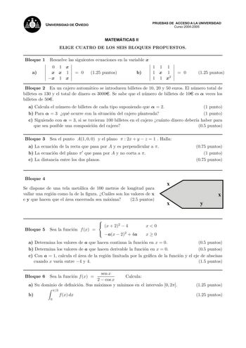 UNIVERSIDAD DE OVIEDO PRUEBAS DE ACCESO A LA UNIVERSIDAD Curso 20042005 MATEMÁTICAS II ELIGE CUATRO DE LOS SEIS BLOQUES PROPUESTOS Bloque 1 Resuelve las siguientes ecuaciones en la variable x 0 1x a x x 1  0 125 puntos x 1 x 11 1 b 1 x 1  0 1 1 x2 125 puntos Bloque 2 En un cajero automatico se introducen billetes de 10 20 y 50 euros El numero total de billetes es 130 y el total de dinero es 3000e Se sabe que el numero de billetes de 10e es  veces los billetes de 50e a Calcula el numero de bille…