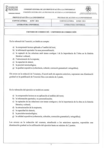 GENERALITAT VALENCIANA COtlSllERIA DEDUCACIÓ COMISSIÓ GESTORA DE LES PROVES DACCÉS A LA UNIVERSJTAT COMISIÓN GESTORA DE LAS PRUE13AS DE ACCESO A LA UNIVERSIDAD   11c    J n lrl íl  1 I lHllHI  LL 1  I SlTI  lI 1 H11 IHO  I íTI O PRO VES DACCÉS A LA UNIVERSITAT CONVOCATORIA JUNY 2011 PRUEBAS DE ACCESO A LA UNIVERSIDAD CONVOCATORIA JUNIO 2011 LITERATURA UNIVERSAL LITERATURA UNIVERSAL CRITERIS DE CORRECCIÓ  CRITERIOS DE CORRECCIÓN En la valoració de lexercici es tindra en compte a la comprensió le…