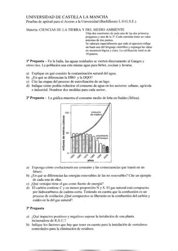 UNIVERSIDAD DE CASTILLA LA MANCHA Pruebas de aptitud para el Acceso a la Universidad Bachillerato LOGSE Materia CIENCIAS DE LA TIERRA Y DEL MEDIO AMBIENTE Elija dos cuestiones de cada una de las dos primeras preguntas y una de la 3 Cada cuestión tiene un valor máximo de dos puntos Se valorará especialmente que todo el ejercicio refleje un buen uso del lenguaje científico y exponga las ideas en secuencia lógica y clara La calificación total es de 10 puntos l3 Pregunta  En la India las aguas resi…