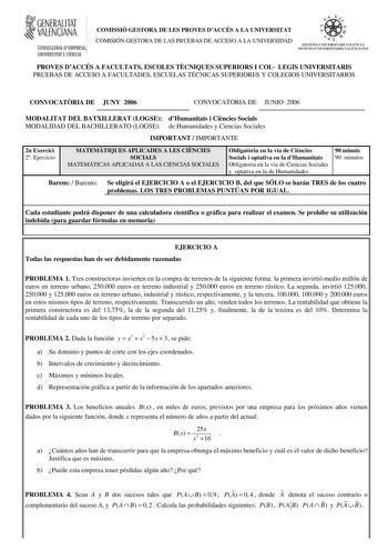 Examen de Matemáticas Aplicadas a las Ciencias Sociales (selectividad de 2006)