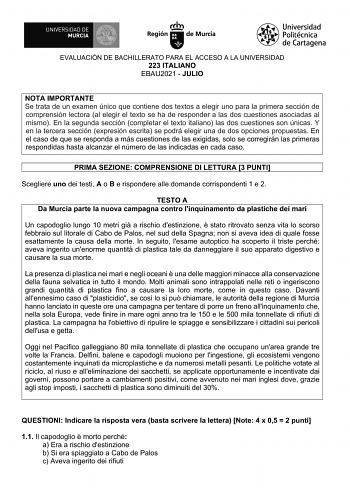 EVALUACIÓN DE BACHILLERATO PARA EL ACCESO A LA UNIVERSIDAD 223 ITALIANO EBAU2021  JULIO NOTA IMPORTANTE Se trata de un examen único que contiene dos textos a elegir uno para la primera sección de comprensión lectora al elegir el texto se ha de responder a las dos cuestiones asociadas al mismo En la segunda sección completar el texto italiano las dos cuestiones son únicas Y en la tercera sección expresión escrita se podrá elegir una de dos opciones propuestas En el caso de que se responda a más …