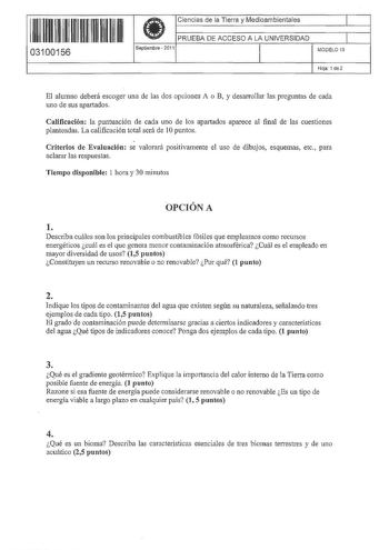 Examen de Ciencias de la Tierra y Medioambientales (PAU de 2011)