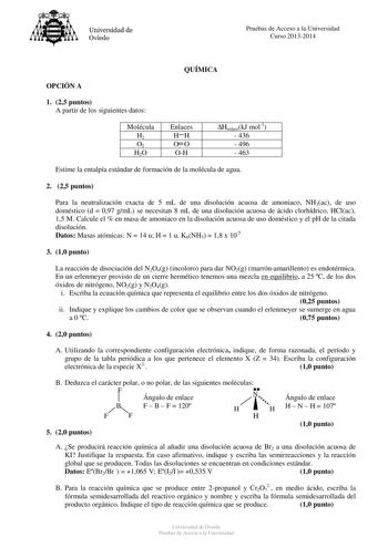 Examen de Química (PAU de 2014)