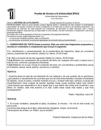 Examen de Historia de la Filosofía (EBAU de 2025)