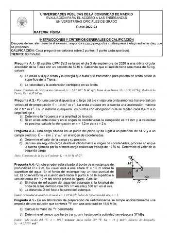 UNIVERSIDADES PÚBLICAS DE LA COMUNIDAD DE MADRID EVALUACIÓN PARA EL ACCESO A LAS ENSEÑANZAS UNIVERSITARIAS OFICIALES DE GRADO Curso 202223 MATERIA FÍSICA INSTRUCCIONES Y CRITERIOS GENERALES DE CALIFICACIÓN Después de leer atentamente el examen responda a cinco preguntas cualesquiera a elegir entre las diez que se proponen CALIFICACIÓN Cada pregunta se valorará sobre 2 puntos 1 punto cada apartado TIEMPO 90 minutos Pregunta A1 El satélite UPMSat2 se lanzó el día 3 de septiembre de 2020 a una órb…