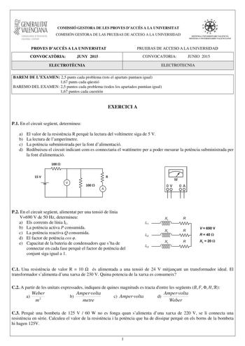 GENERALITAT VALENCIANA CONSELLERIA DEDUCACIÓ CULTURA I ESPORT COMISSIÓ GESTORA DE LES PROVES DACCÉS A LA UNIVERSITAT COMISIÓN GESTORA DE LAS PRUEBAS DE ACCESO A LA UNIVERSIDAD W  n  SISTEMA UNIVERSITARI VALENCIÁ SISTEMA UNIVERSITARIO VALENCIANO PROVES DACCÉS A LA UNIVERSITAT CONVOCATRIA JUNY 2015 ELECTROTCNIA PRUEBAS DE ACCESO A LA UNIVERSIDAD CONVOCATORIA JUNIO 2015 ELECTROTECNIA BAREM DE LEXAMEN 25 punts cada problema tots el apartats puntuen igual 167 punts cada qestió BAREMO DEL EXAMEN 25 p…