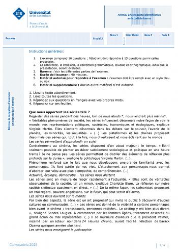 Examen de Francés (PBAU de 2025)