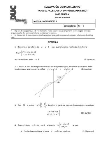 Examen de Matemáticas II (EBAU de 2017)