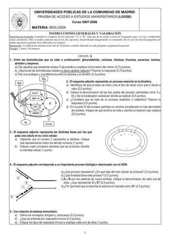 UNIVERSIDADES PÚBLICAS DE LA COMUNIDAD DE MADRID PRUEBA DE ACCESO A ESTUDIOS UNIVERSITARIOS LOGSE Curso 20072008 MATERIA BIOLOGÍA INSTRUCCIONES GENERALES Y VALORACIÓN Estructura de la prueba la prueba se compone de dos opciones A y B cada una de las cuales consta de 5 preguntas que a su vez comprenden varias cuestiones Sólo se podrá contestar una de las dos opciones desarrollando íntegramente su contenido En el caso de mezclar preguntas de ambas opciones la prueba será calificada con 0 puntos P…