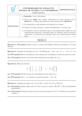 Examen de Matemáticas II (PAU de 2011)