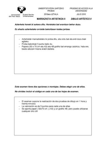 Examen de Dibujo Artístico II (PAU de 2010)