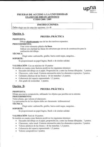 PRUEBAS DE ACCESO A LA UNIVERSIDAD EXAMEN DE DIBUJO ARTÍSTICO CURSO 2008  2009 INSTRUCCIONES Debe elegir uno de estas dos opciones A o B upt bfarToko Unibitale Publikoo Opción A PRUEBA PRÁCTICA PROPUESTA Dibuja objetivamente uno de los dos motivos expuestos PROCEDIMIENTO Usar como elemento plástico la línea Indicar con claridad las líneas de estructura que sirven de construcción para la realización del dibujo TÉCNICA Elegir entre carboncillo grafito barra conté negra sanguina SOPORTE Se proporc…