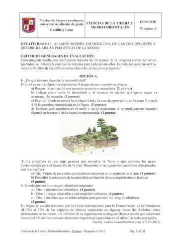 Examen de Ciencias de la Tierra y Medioambientales (PAU de 2012)