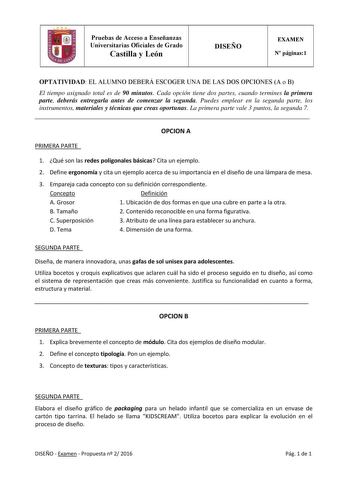 Pruebas de Acceso a Enseñanzas Universitarias Oficiales de Grado Castilla y León DISEÑO EXAMEN N páginas1 OPTATIVIDAD EL ALUMNO DEBERÁ ESCOGER UNA DE LAS DOS OPCIONES A o B El tiempo asignado total es de 90 minutos Cada opción tiene dos partes cuando termines la primera parte deberás entregarla antes de comenzar la segunda Puedes emplear en la segunda parte los instrumentos materiales y técnicas que creas oportunas La primera parte vale 3 puntos la segunda 7  OPCION A PRIMERA PARTE 1 Qué son la…