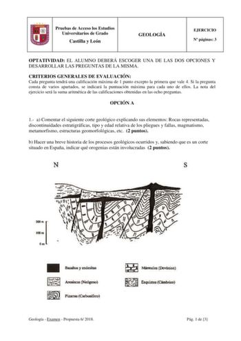 Pruebas de Acceso los Estudios Universitarios de Grado Castilla y León GEOLOGÍA EJERCICIO N páginas 3 OPTATIVIDAD EL ALUMNO DEBERÁ ESCOGER UNA DE LAS DOS OPCIONES Y DESARROLLAR LAS PREGUNTAS DE LA MISMA CRITERIOS GENERALES DE EVALUACIÓN Cada pregunta tendrá una calificación máxima de 1 punto excepto la primera que vale 4 Si la pregunta consta de varios apartados se indicará la puntuación máxima para cada uno de ellos La nota del ejercicio será la suma aritmética de las calificaciones obtenidas …