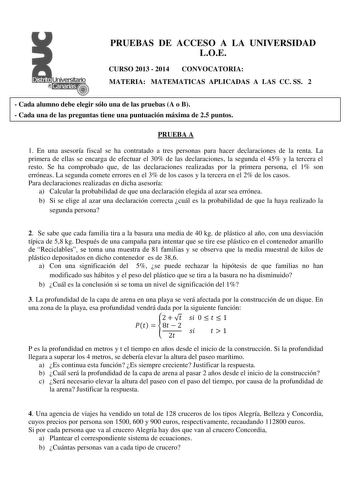 Examen de Matemáticas Aplicadas a las Ciencias Sociales (PAU de 2014)
