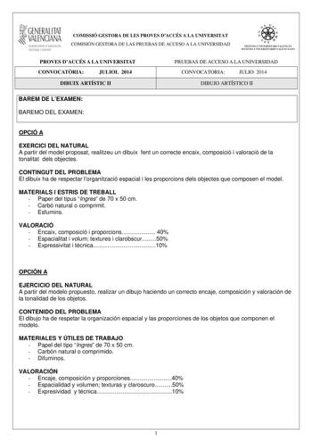 1GENERALITAT  VALENCIANA CONSEllIIA DEDUCACIÓ CULTURA 1 SPORT COMISSIÓ GESTORA DE LES PROVES DACCÉS A LA UNIVERSITAT COMISIÓN GESTORA DE LAS PRUEBAS DE ACCESO A LA UNIVERSIDAD e j     d  SI STt ilA l lN I VEHSITAlI VAL tCJt ISlEMA l 1  IVEKSITAKIO VALENCJANO PROVES DACCÉS A LA UNIVERSITAT CONVOCATRIA JULIOL 2014 DIBUIX ARTÍSTIC II PRUEBAS DE ACCESO A LA UNIVERSIDAD CONVOCATORIA JULIO 2014 DIBUJO ARTÍSTICO II BAREM DE LEXAMEN BAREMO DEL EXAMEN OPCIÓ A EXERCICI DEL NATURAL A partir del model prop…