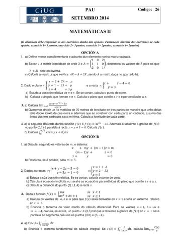 Examen de Matemáticas II (PAU de 2014)