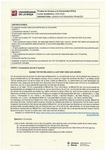 Examen de Francés (EBAU de 2025)